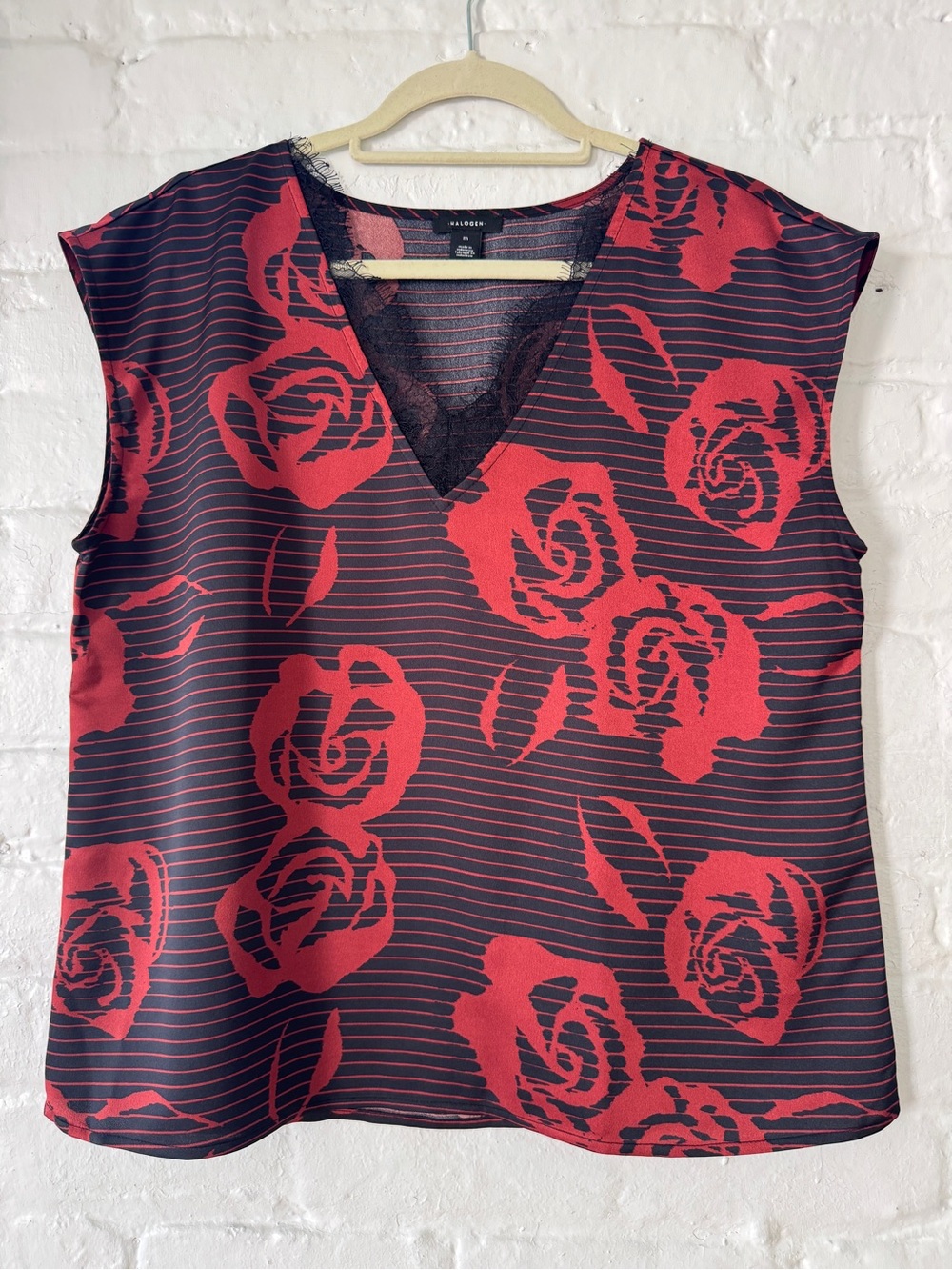 Halogen Rose Print Stripe Lace Trim V-Neck Blouse Shell Size M